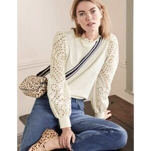 Boden Women's Broderie Blouson Sweatshirt Sweater Eyelet Sleeves Cream Preppy 10